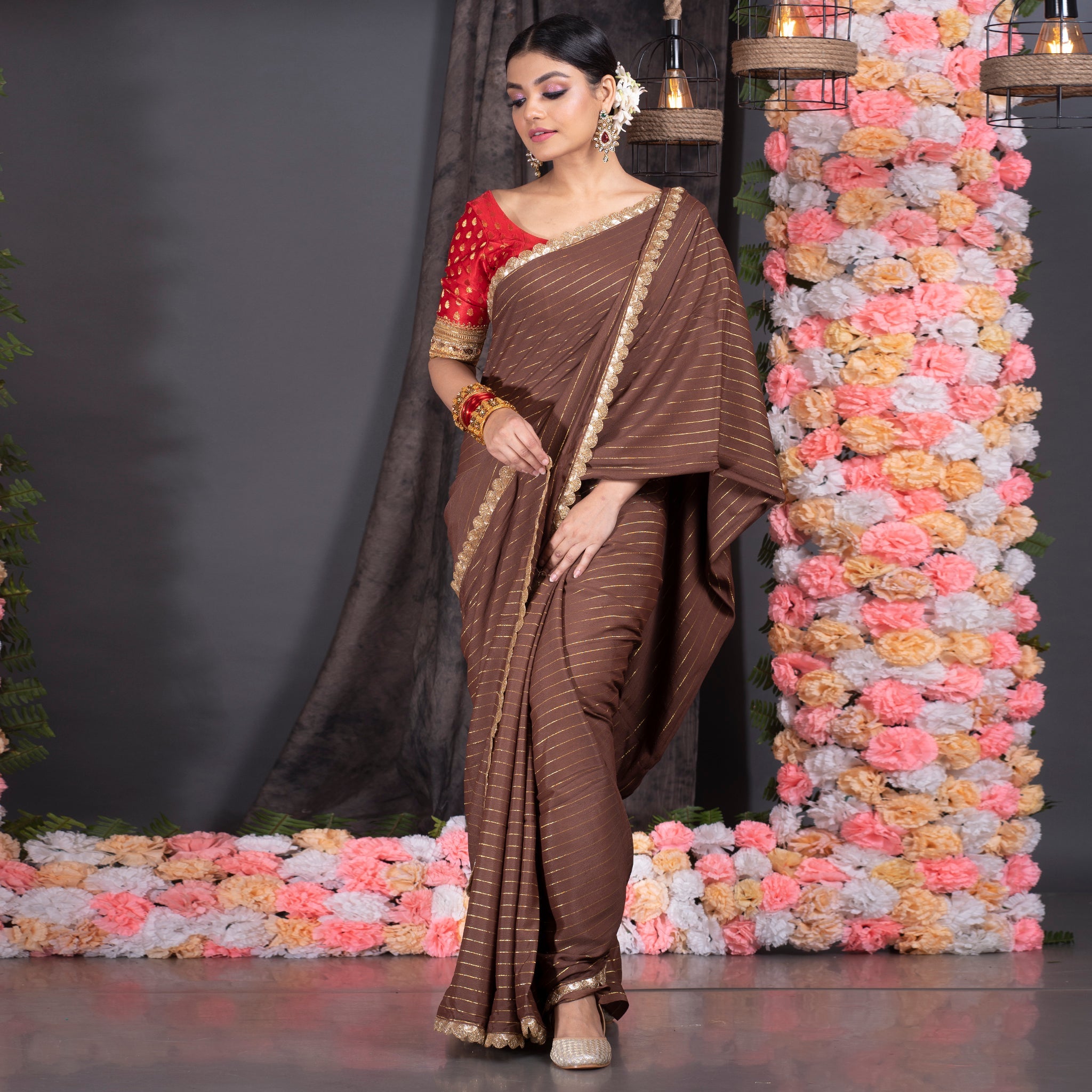 Women's Chocolate Brown Georgette Saree With Lurex Gold Stripes And Scallop Embroidered Border - Boveee