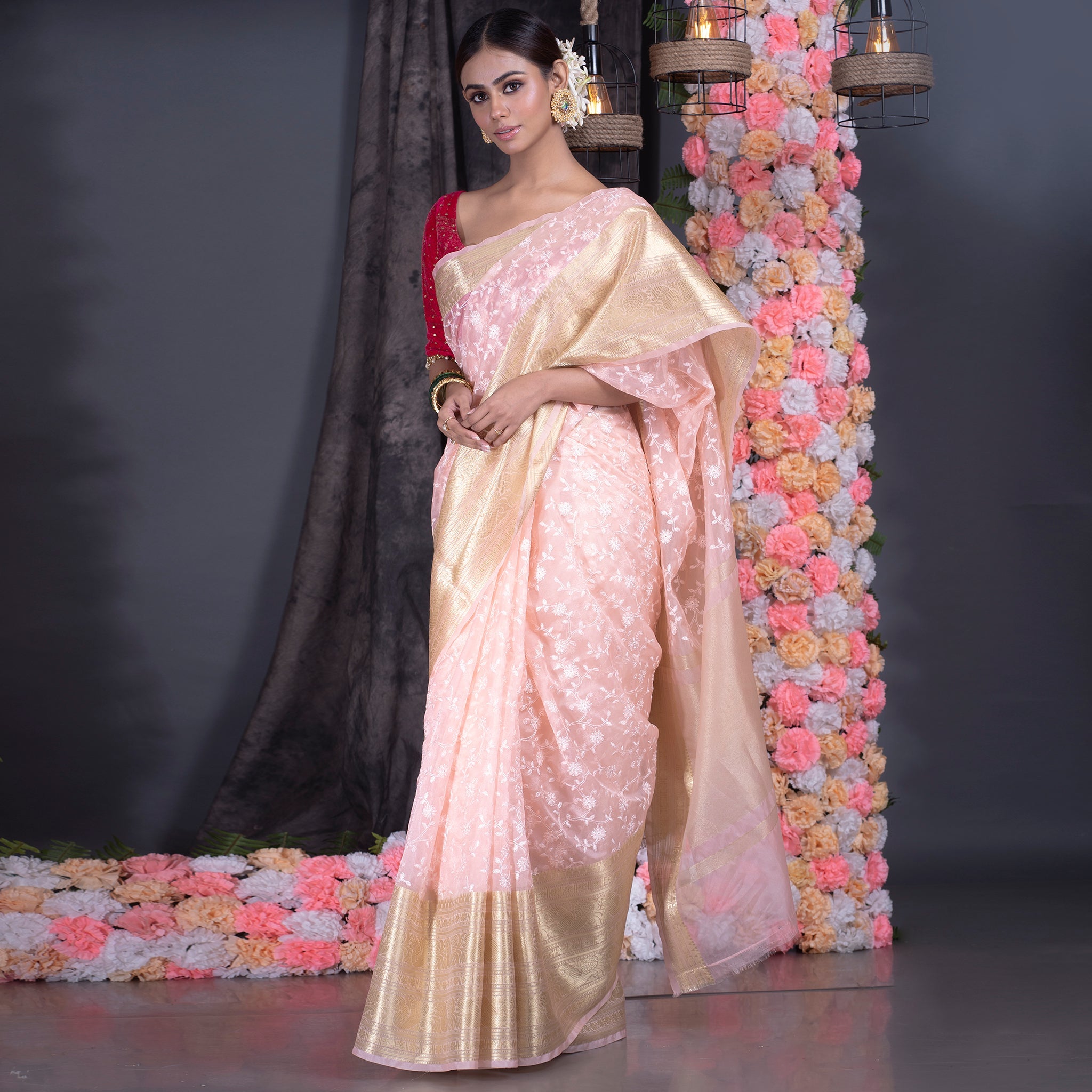 Women's Baby Pink Organza Silk Saree With Zari Border And Embroidered Jaal - Boveee