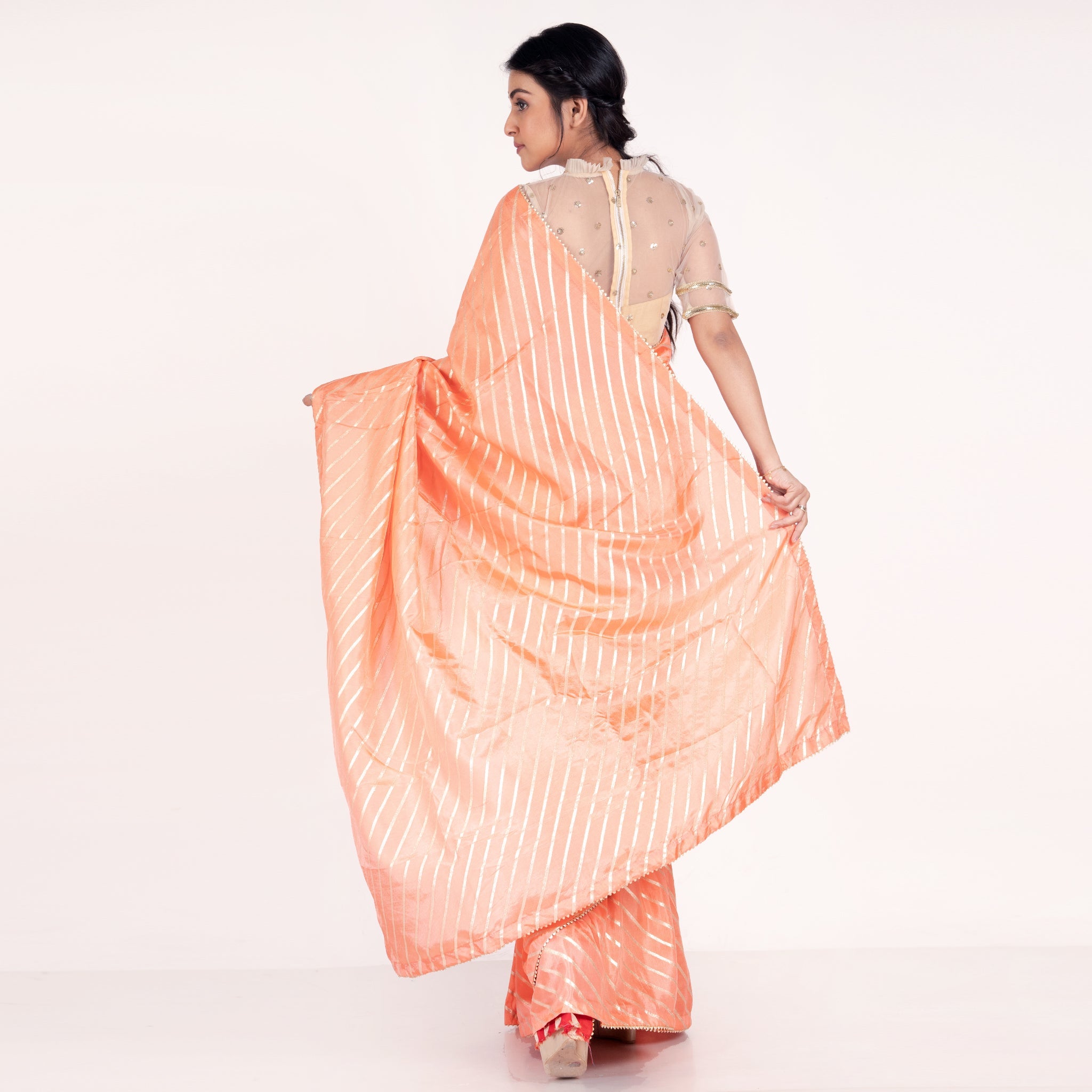 Women's Coral Dola Silk Saree With Diagonal Zari Woven Line With Gota Patti Border - Boveee