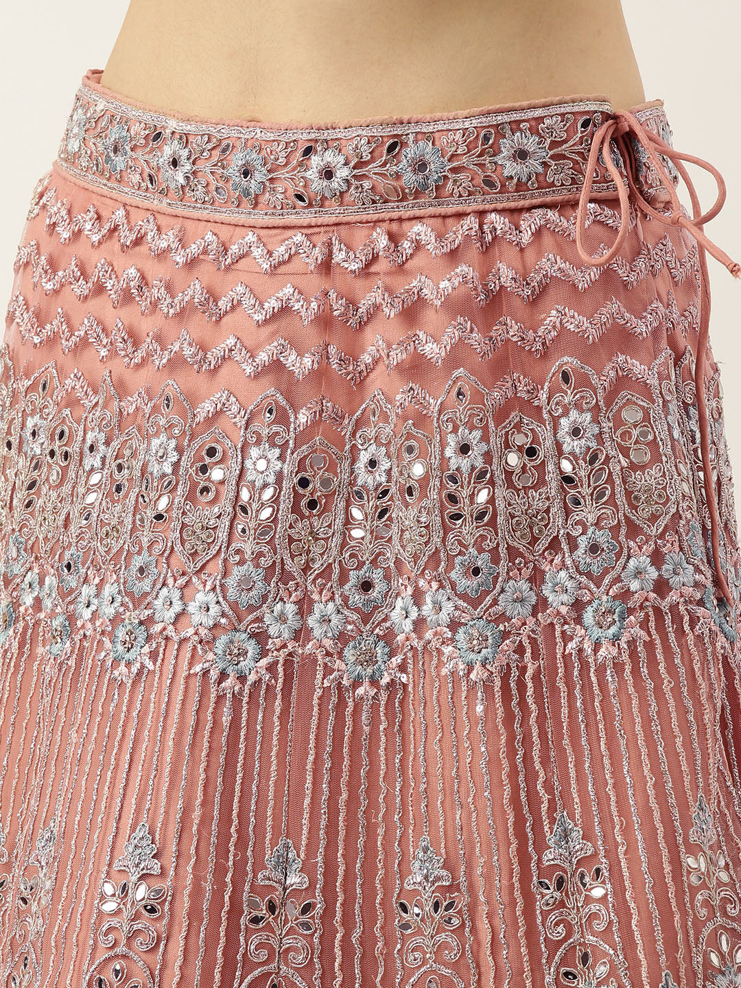 Women's Coral Net Mirror Work Lehenga & Blouse, Dupatta With Belt - Royal Dwells