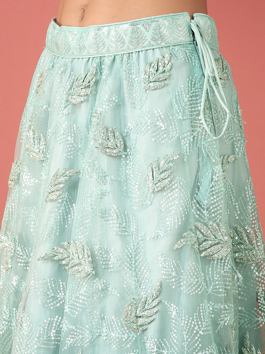 Women's Turquoise Blue Net Sequinse Work Fully-Stitched Lehenga & Stitched Blouse, Dupatta - Royal Dwells