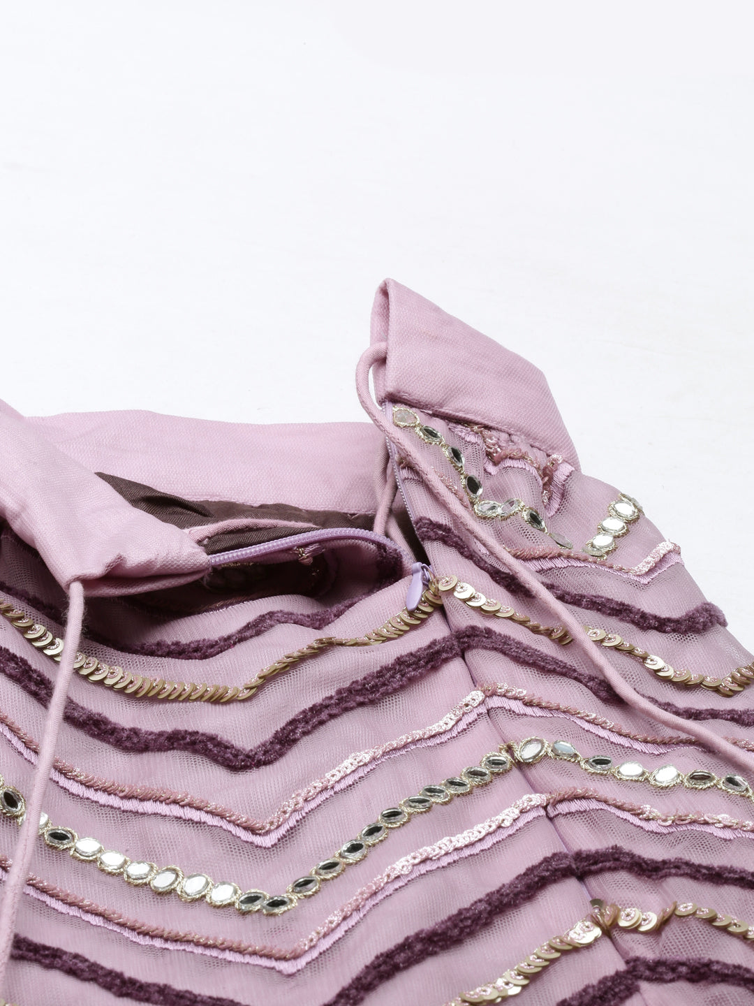 Women's Lavender Net Zig-Zag Embroideried Lehenga, Blouse & Dupatta - Royal Dwells