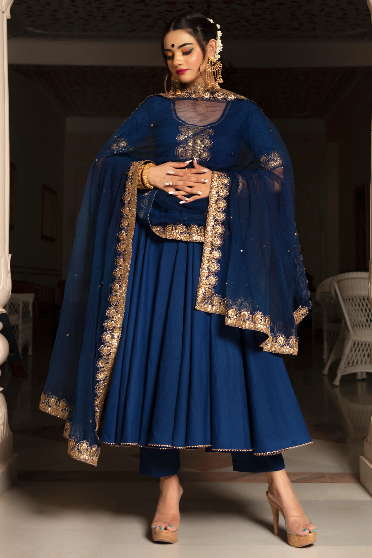 Women's Blue Anarkali suit with Dupatta by Pomcha Jaipur- (3pcs set)