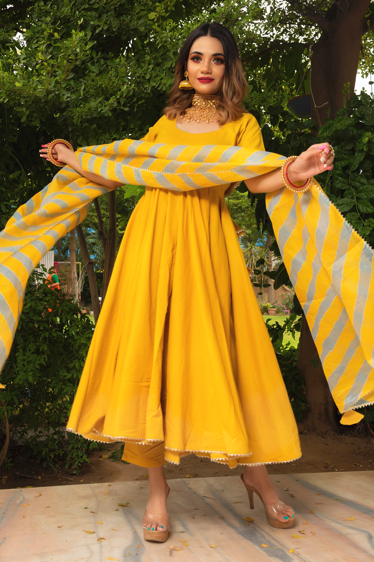 Women's Yellow Anarkali suit set with Pants & Dupatta by Pomcha Jaipur- (3pcs set)