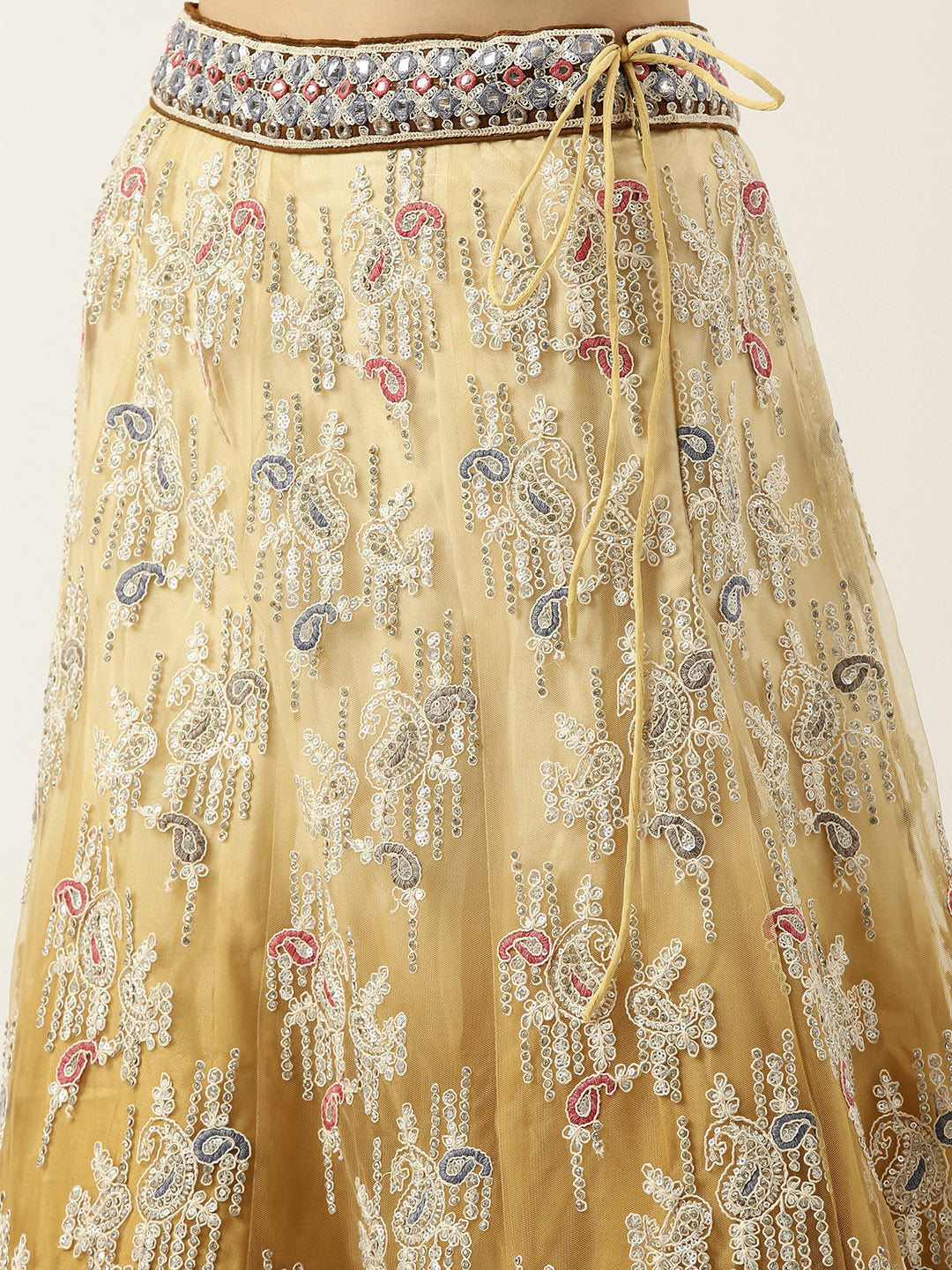Women's Mustard Net Multi Colour Thread Embroidered Lehenga & Blouse, Dupatta - Royal Dwells