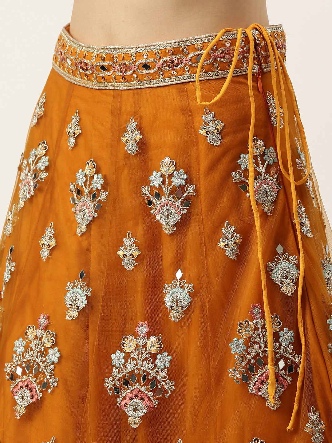 Women's Yellow Net Mirror Work Lehenga & Blouse, Dupatta With Belt - Royal Dwells