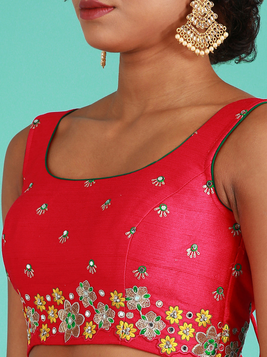 Women's Coral Pure Silk Mirror Work Fully Stitched Lehenga & Stitched Blouse With Dupatta - Royal Dwells