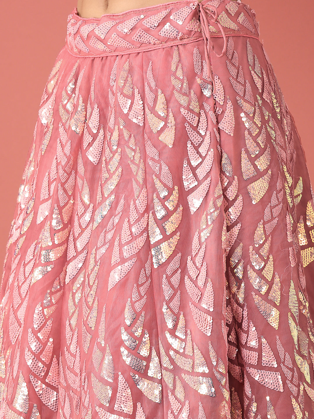 Women's Coral Net Sequinse Work Fully-Stitched Lehenga & Stitched Blouse, Dupatta - Royal Dwells