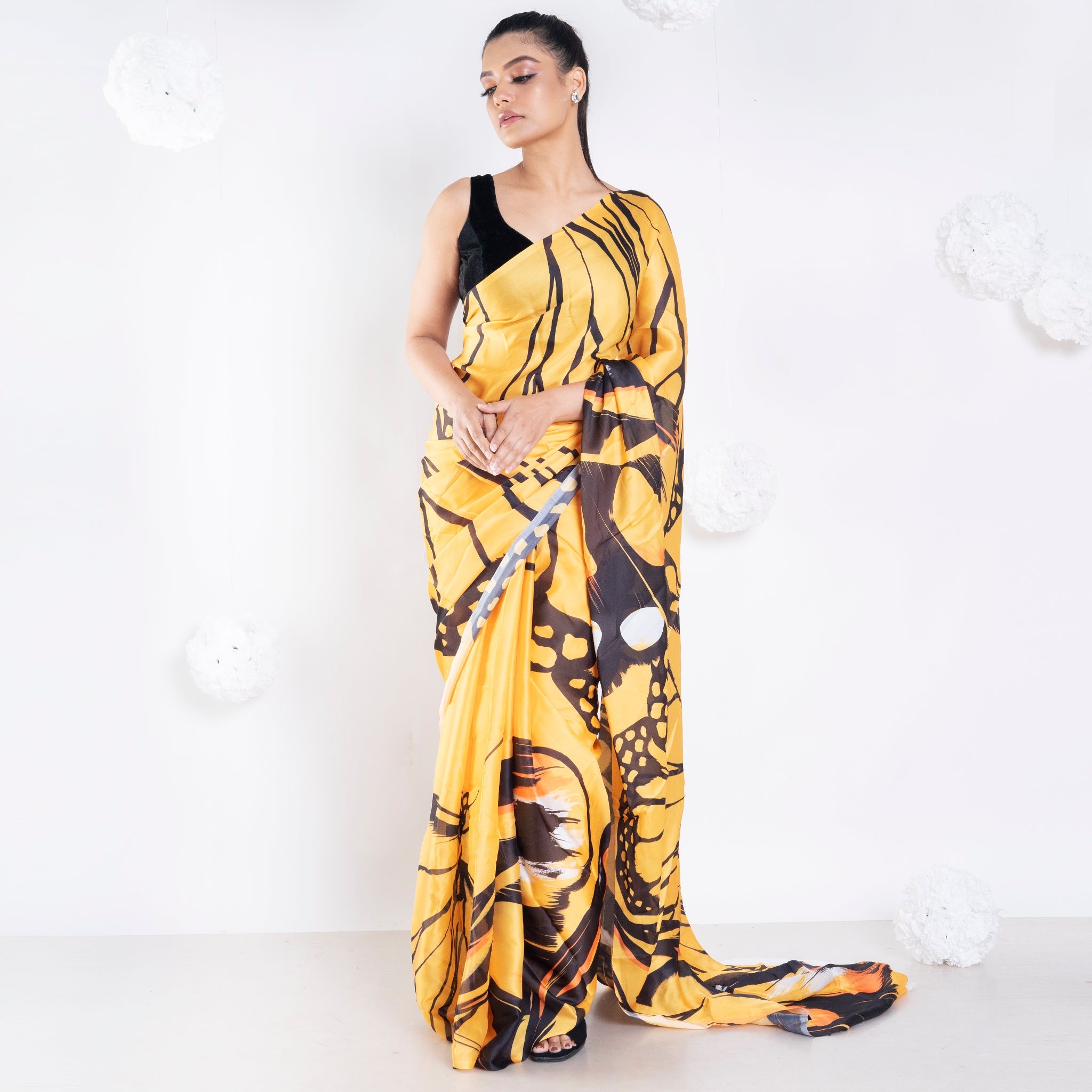 Women's Fluer Satin Georgette Digital Printed  Saree In Yellow Color - Boveee