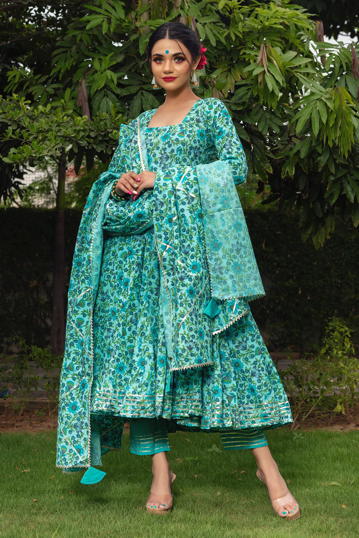 Women Green Anarkali Suit Set with Pant & Dupatta by Pomcha Jaipur (3pcs Set)