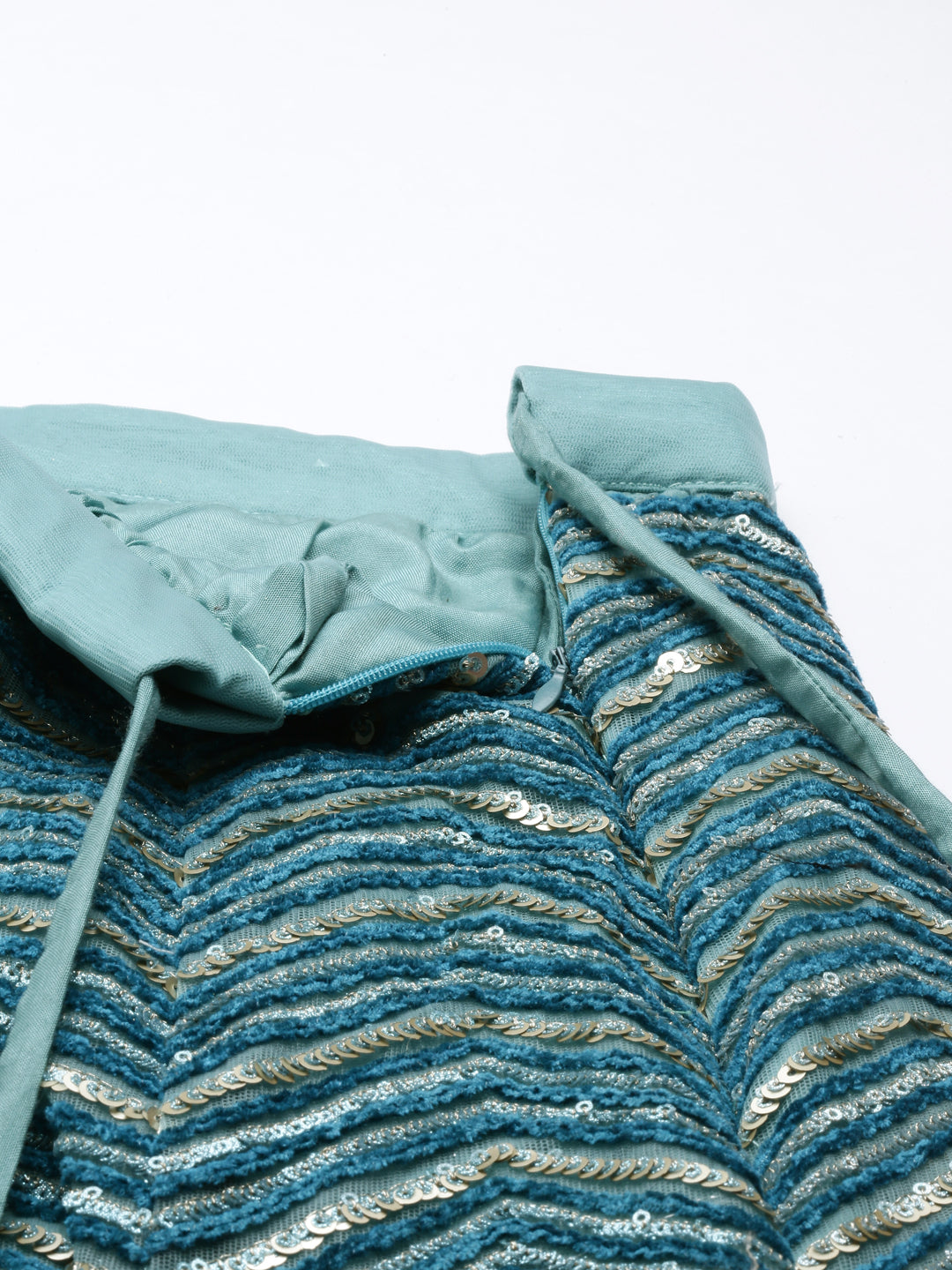 Women's Sea Green Net Zig-Zag Embroideried Lehenga, Blouse & Dupatta - Royal Dwells