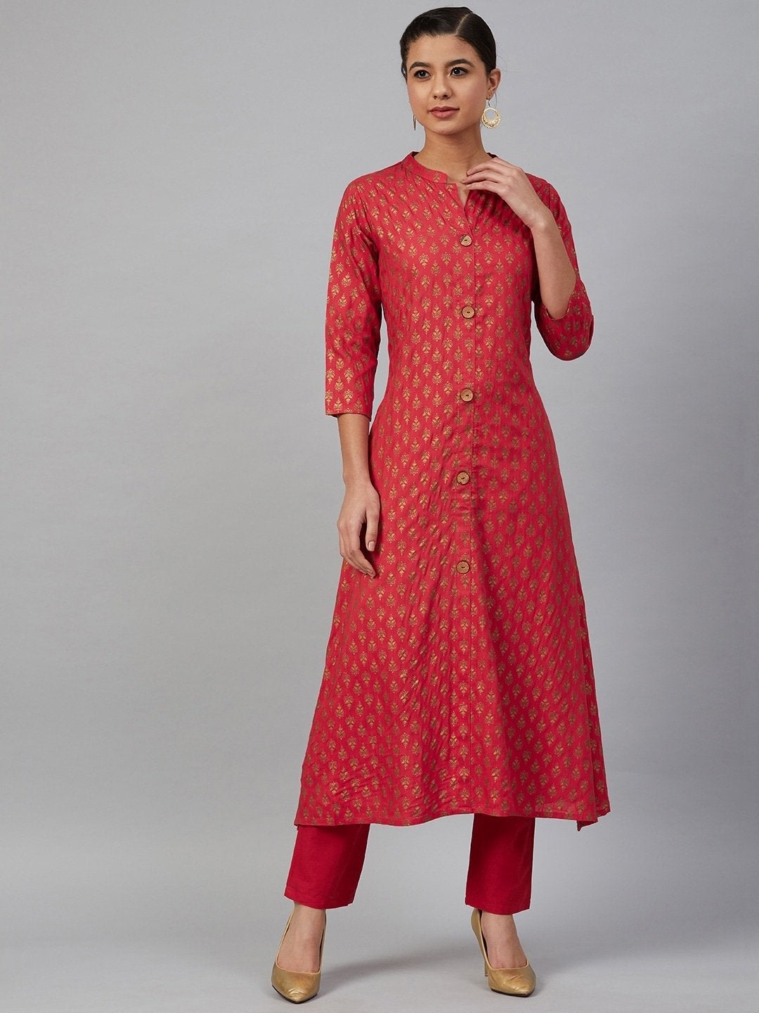 Women's Red & Golden Printed Kurta with Trousers - Meeranshi