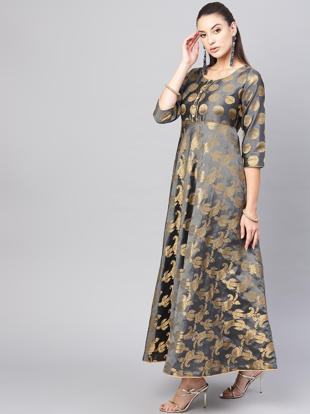 Women's  Charcoal Grey & Golden Self Design Empire Maxi Dress - AKS