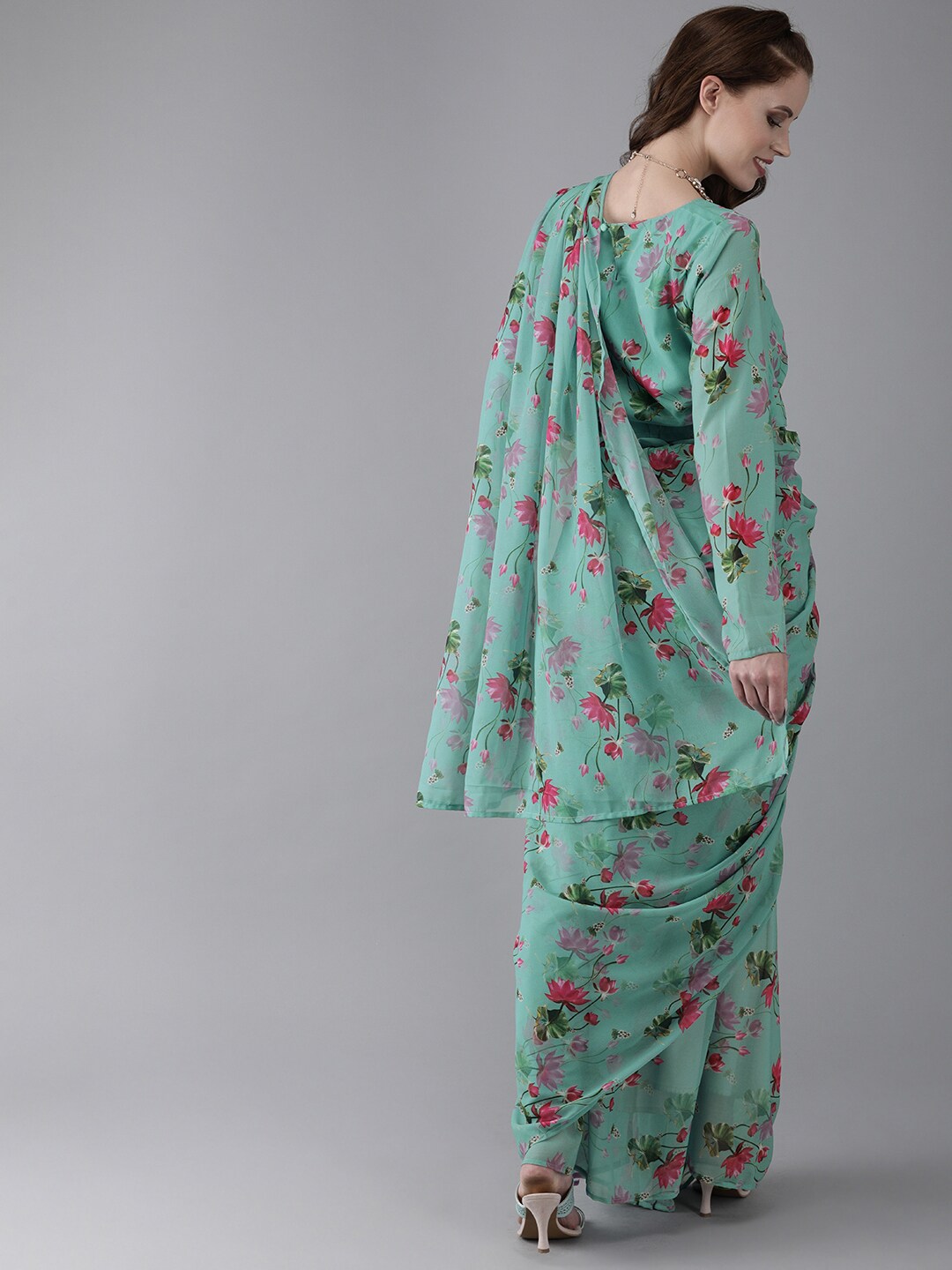 Women's Green Floral Print Saree With Blouse Piece - Aks