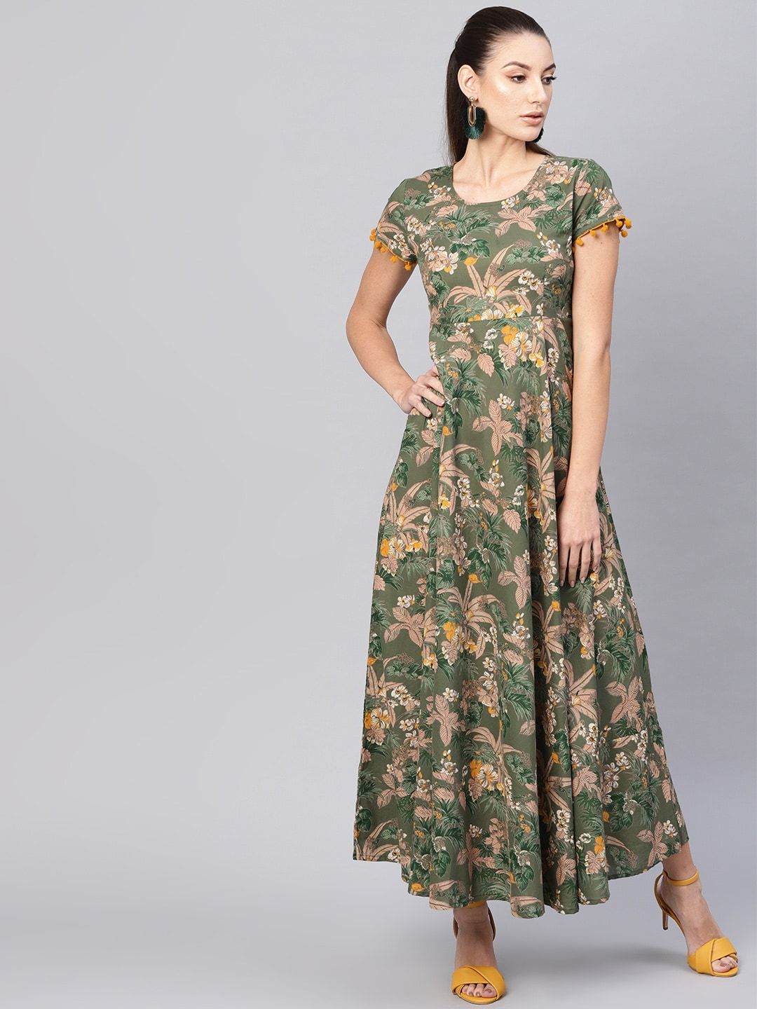 Women's  Olive Green & Beige Floral Printed Maxi Dress - AKS