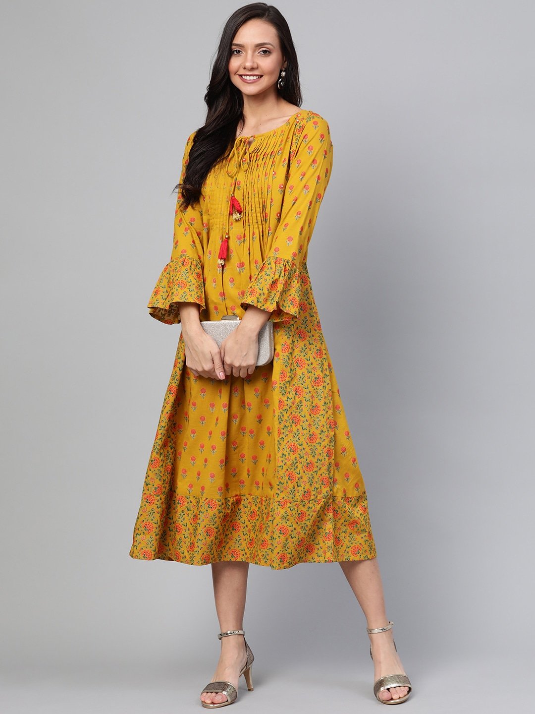 Women's Mustard Printed Dress - Yufta
