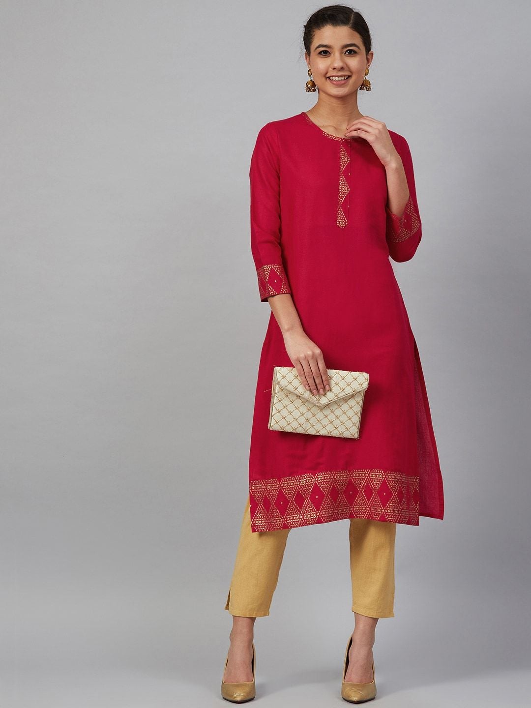 Women's Red & Golden Printed Detail Straight Kurta - Meeranshi