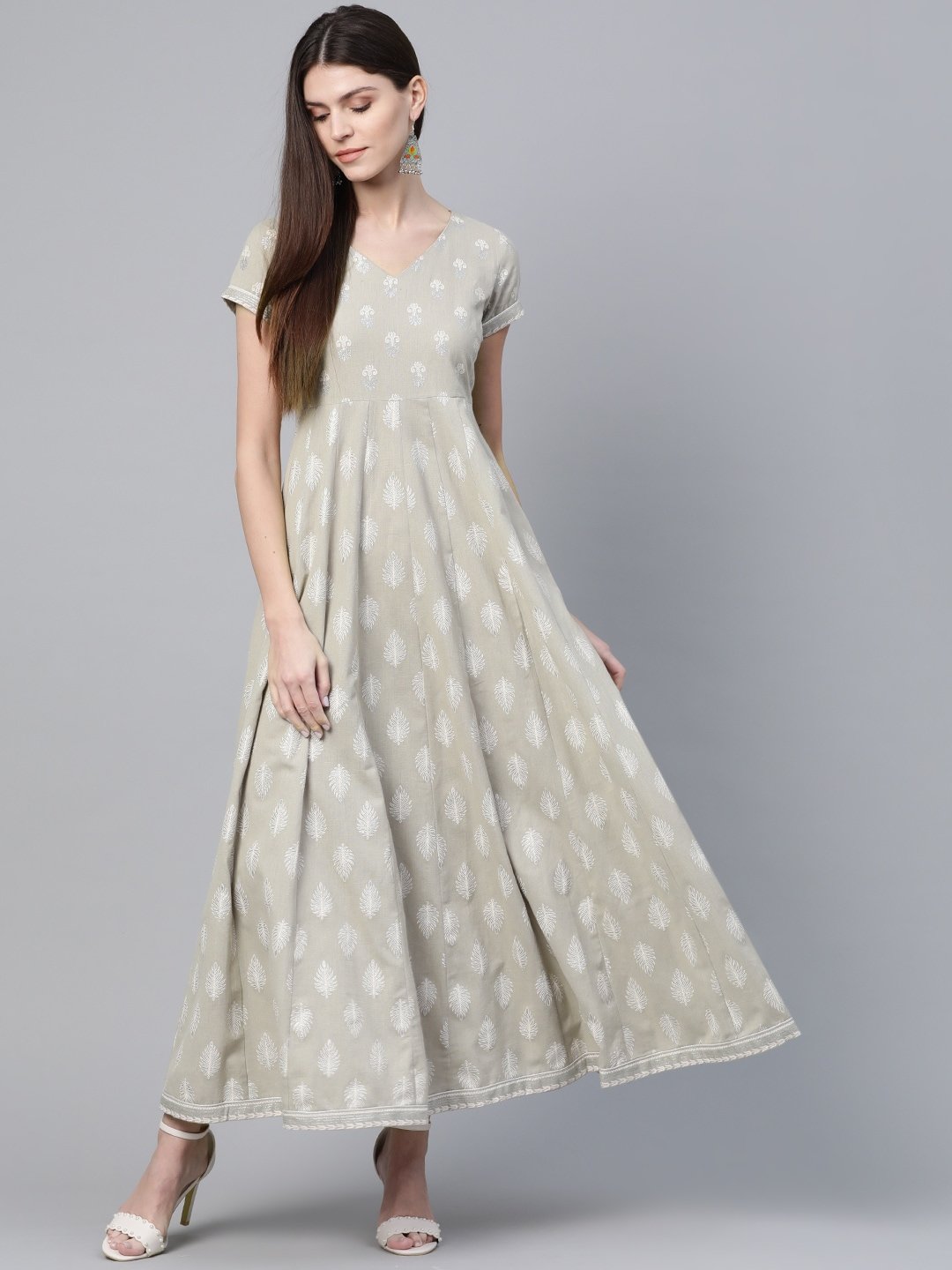 Women's  Taupe & Off White Khari Print Maxi Dress - AKS