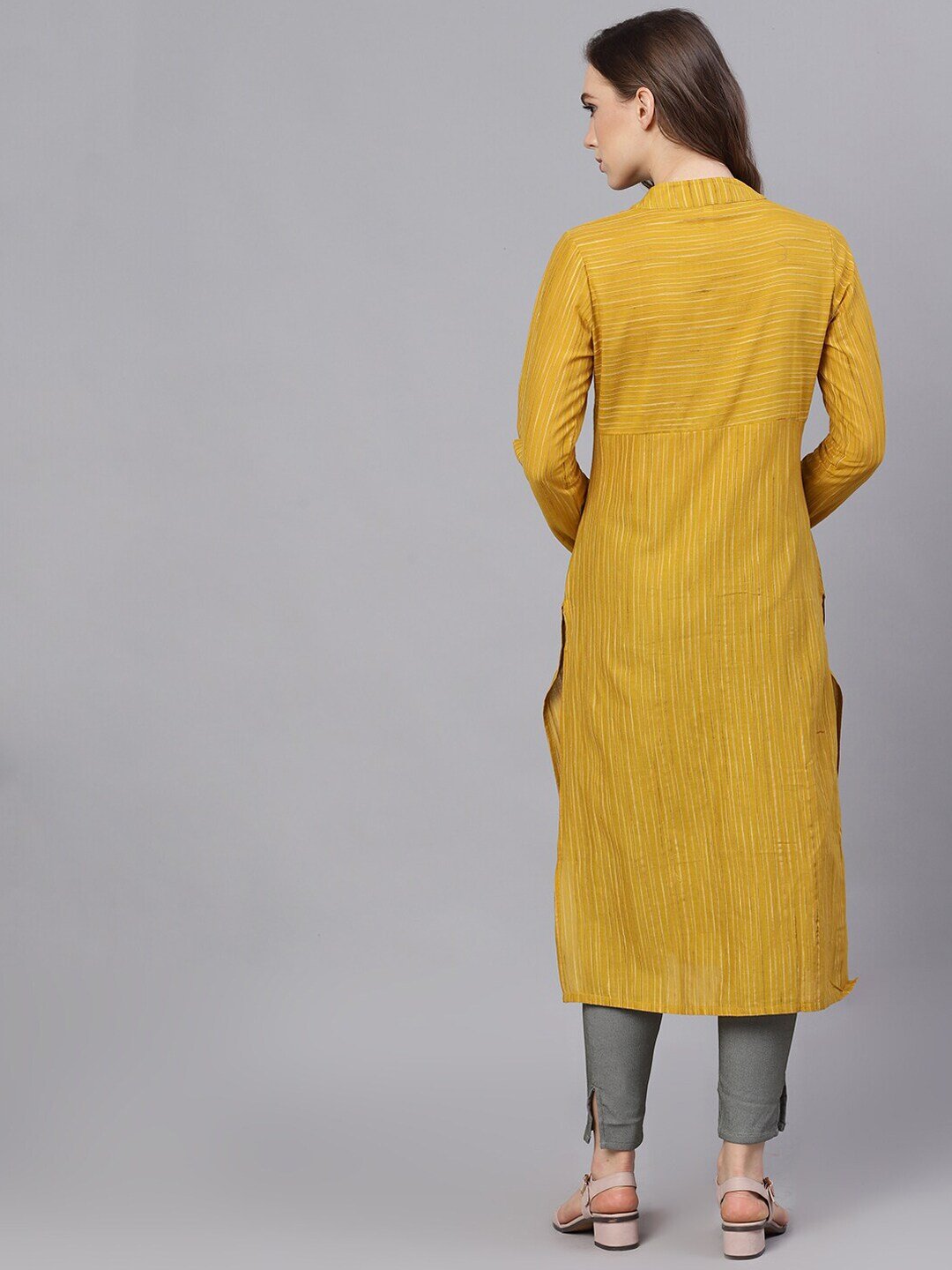 Women's  Mustard Striped Straight Kurta - AKS