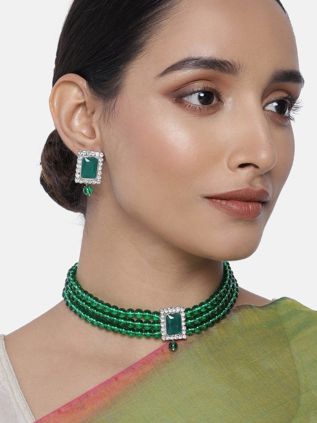 Women's  Rhodium Plated Green Stone Studded Pearl Choker Necklace Jewellery Set With Earrings - i jewels