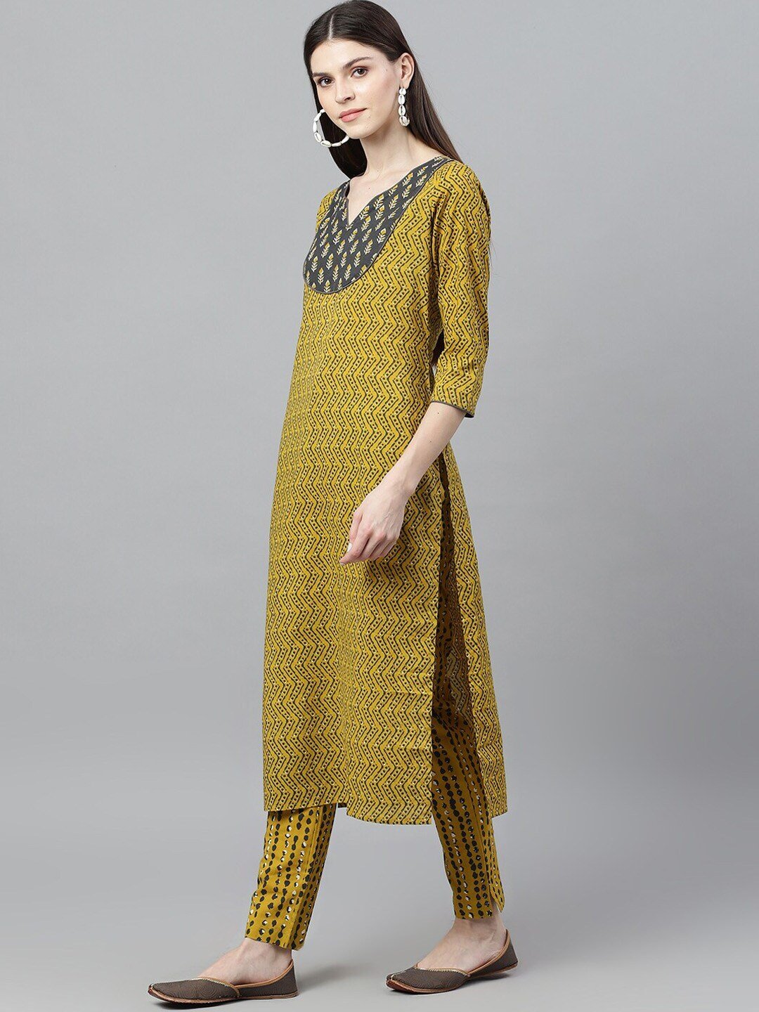 Women's  Mustard & Grey Printed A-Line Kurta - AKS