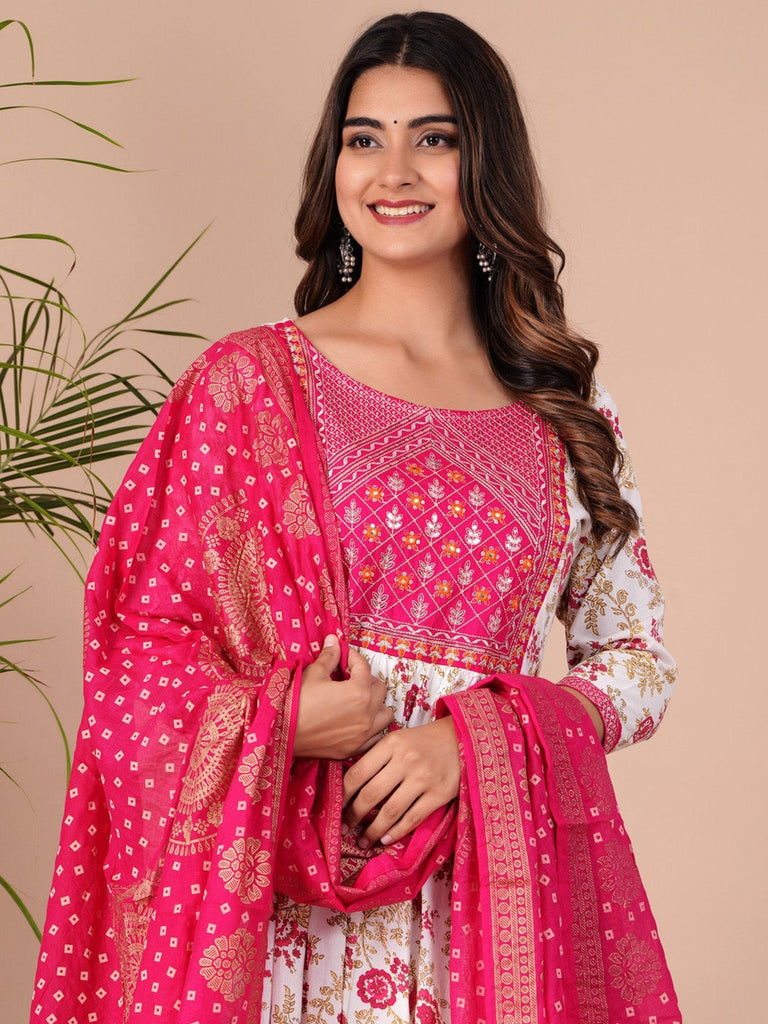 Women's Floral Printed Empire Thread Work Kurta With Palazzos & Dupatta