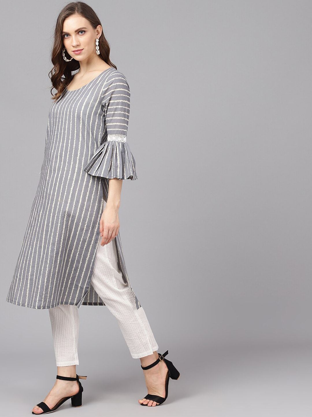 Women's  Grey & White Striped Straight Kurta - AKS