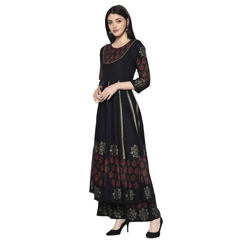 Women's Black Rayon Block print Anarkali kurta