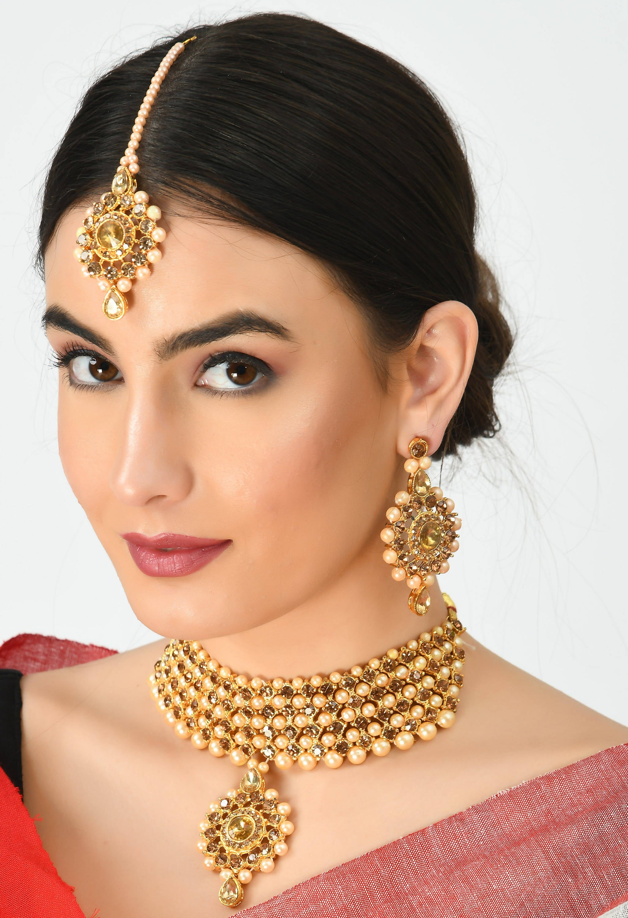 Kamal Johar Gold-Pated Stone & Pearls Necklace with Earrings & Tikka Jkms_076