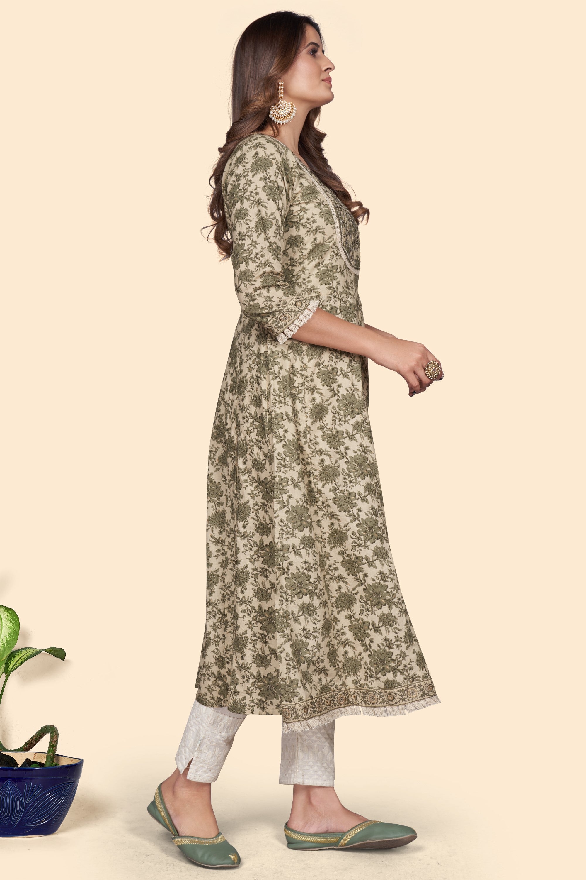 Women's Print & Embroidered A-Line Cotton Mahendi Green Stitched Kurta - Vbuyz