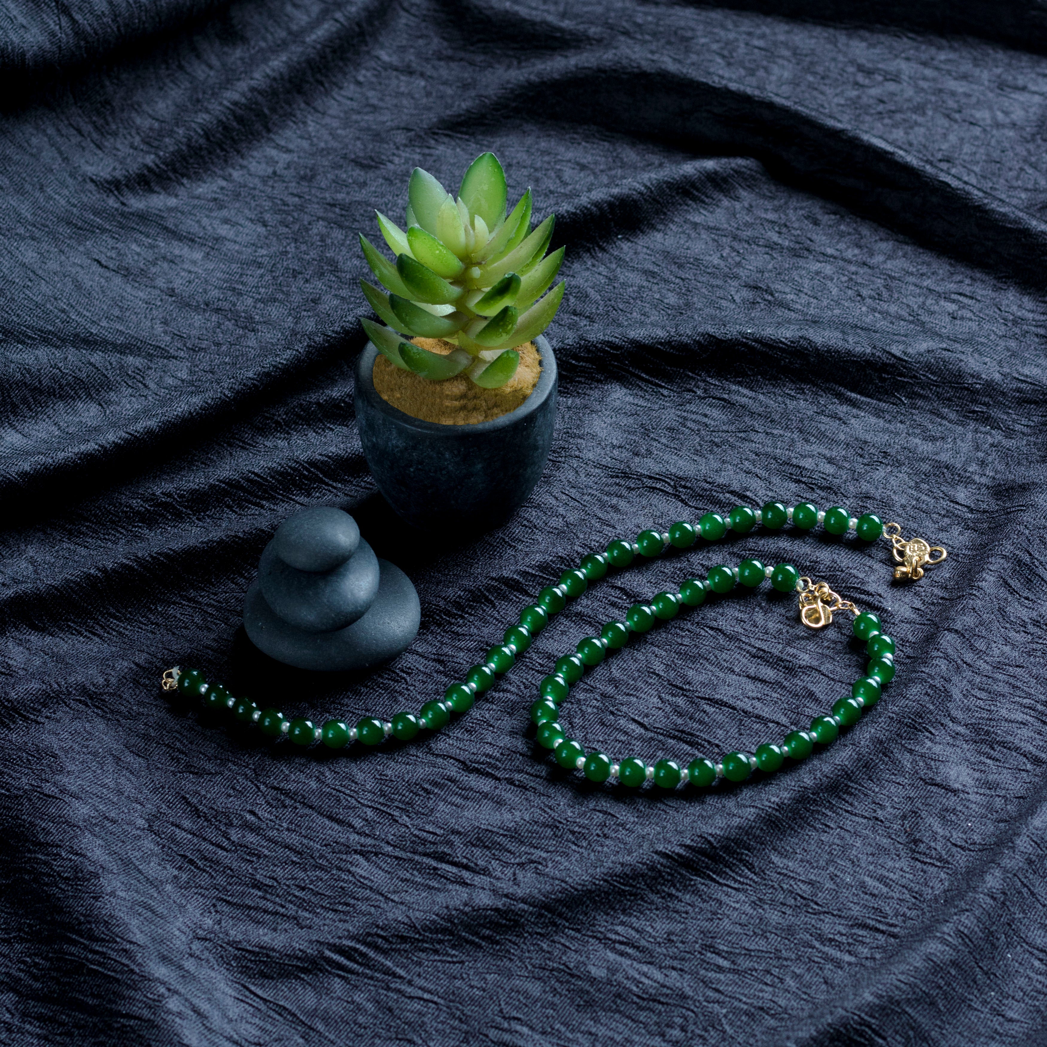 Women's Adjustable Pearl & Green Beads Single Anklet Payal Bracelet - i jewels