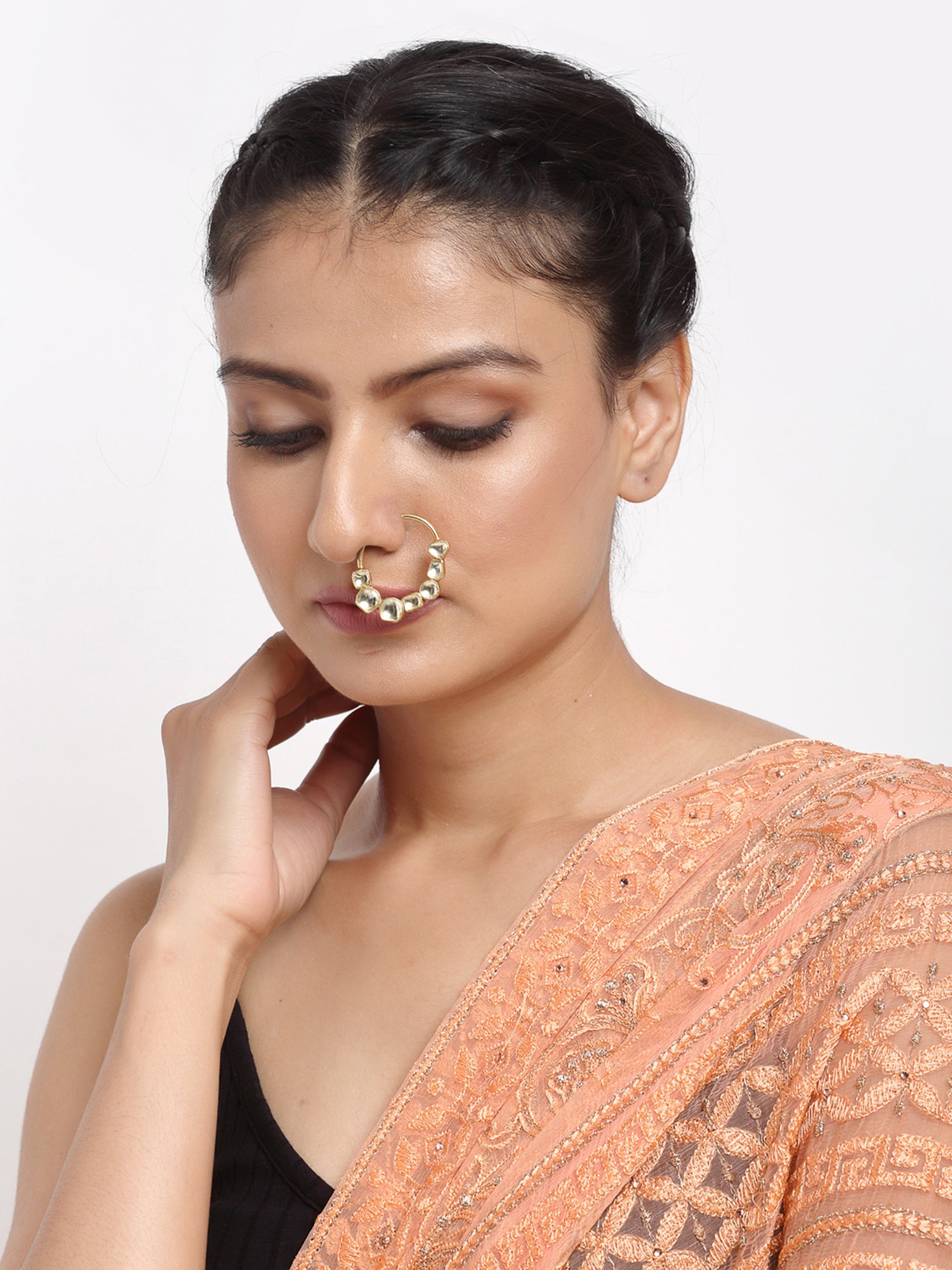 Golden Kundan Nose Ring Without Piercing By Ruby Raang