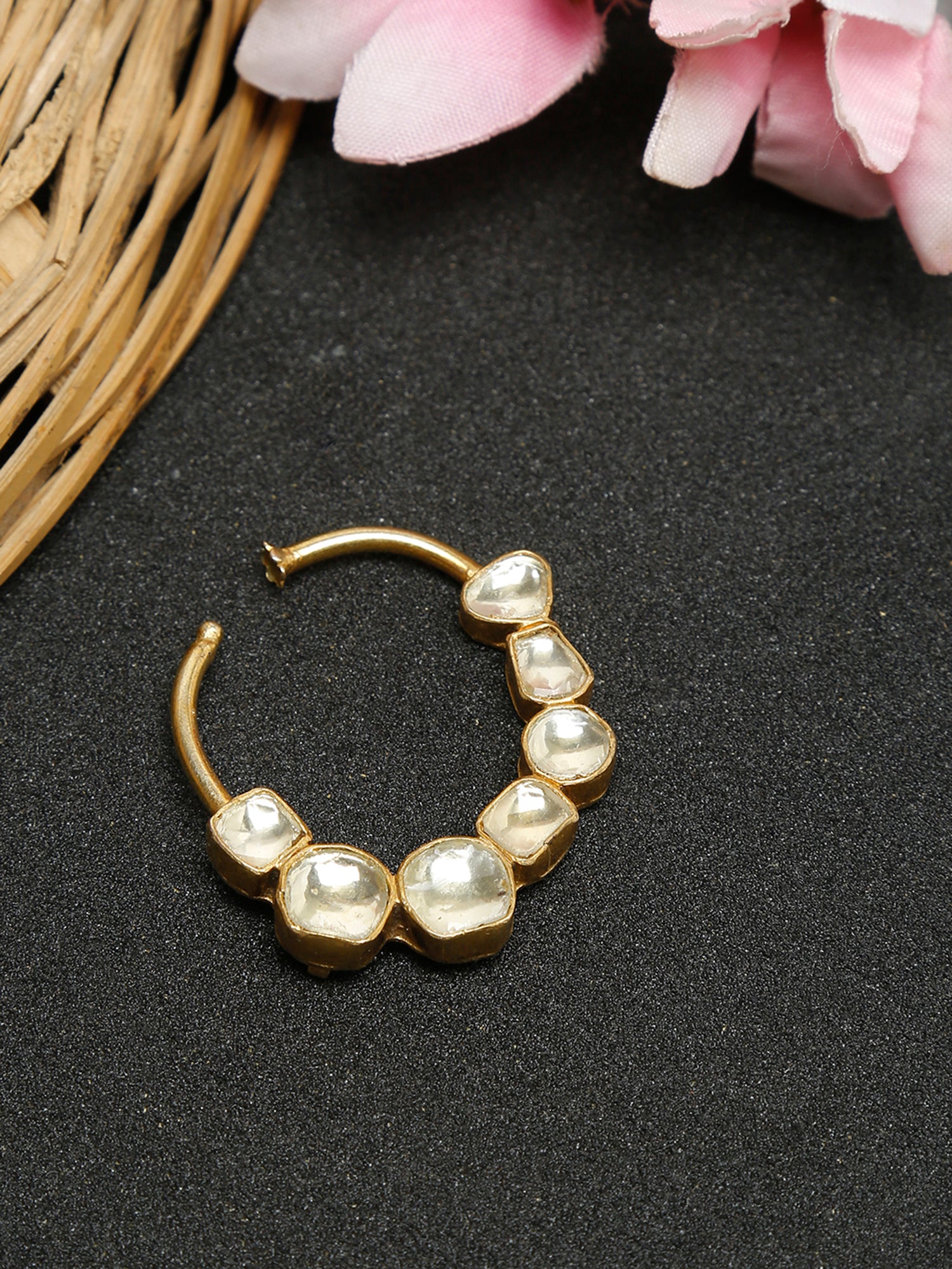 Golden Kundan Nose Ring Without Piercing By Ruby Raang