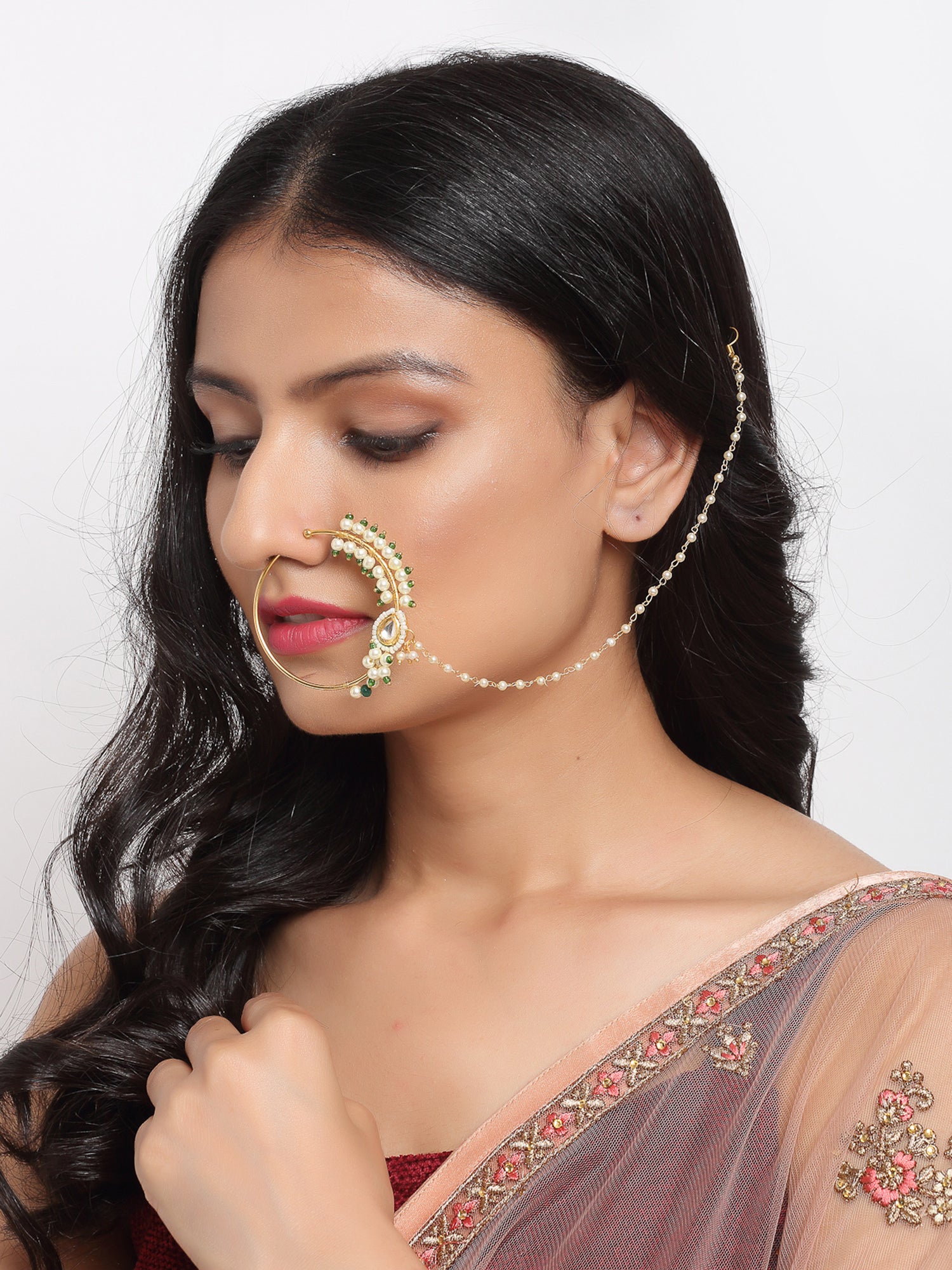 Maharani Kundan Nose Ring Gold Plated By Ruby Raang