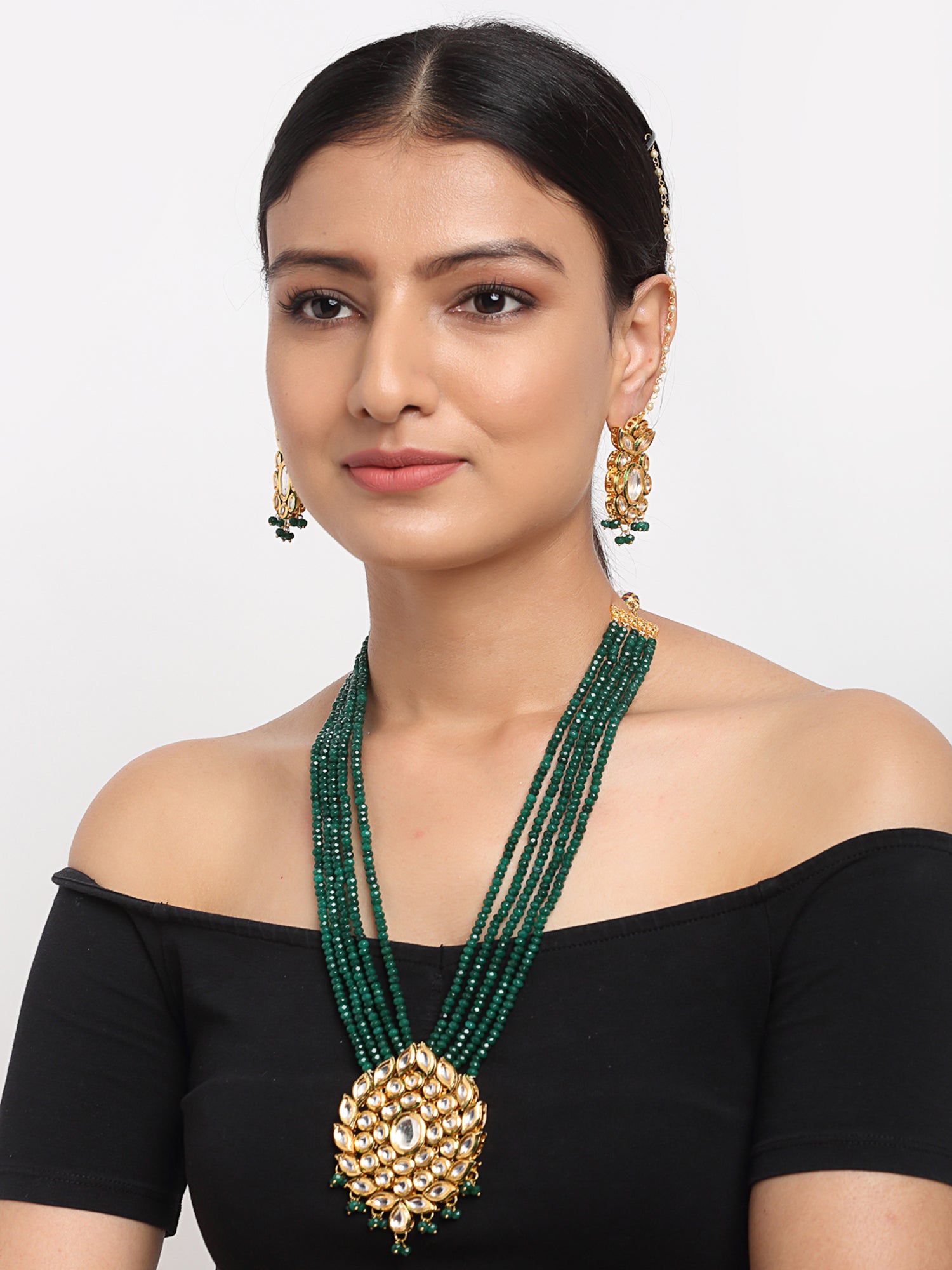 Women's Long Kundan Neckpiece with Earrings - Ruby Raang