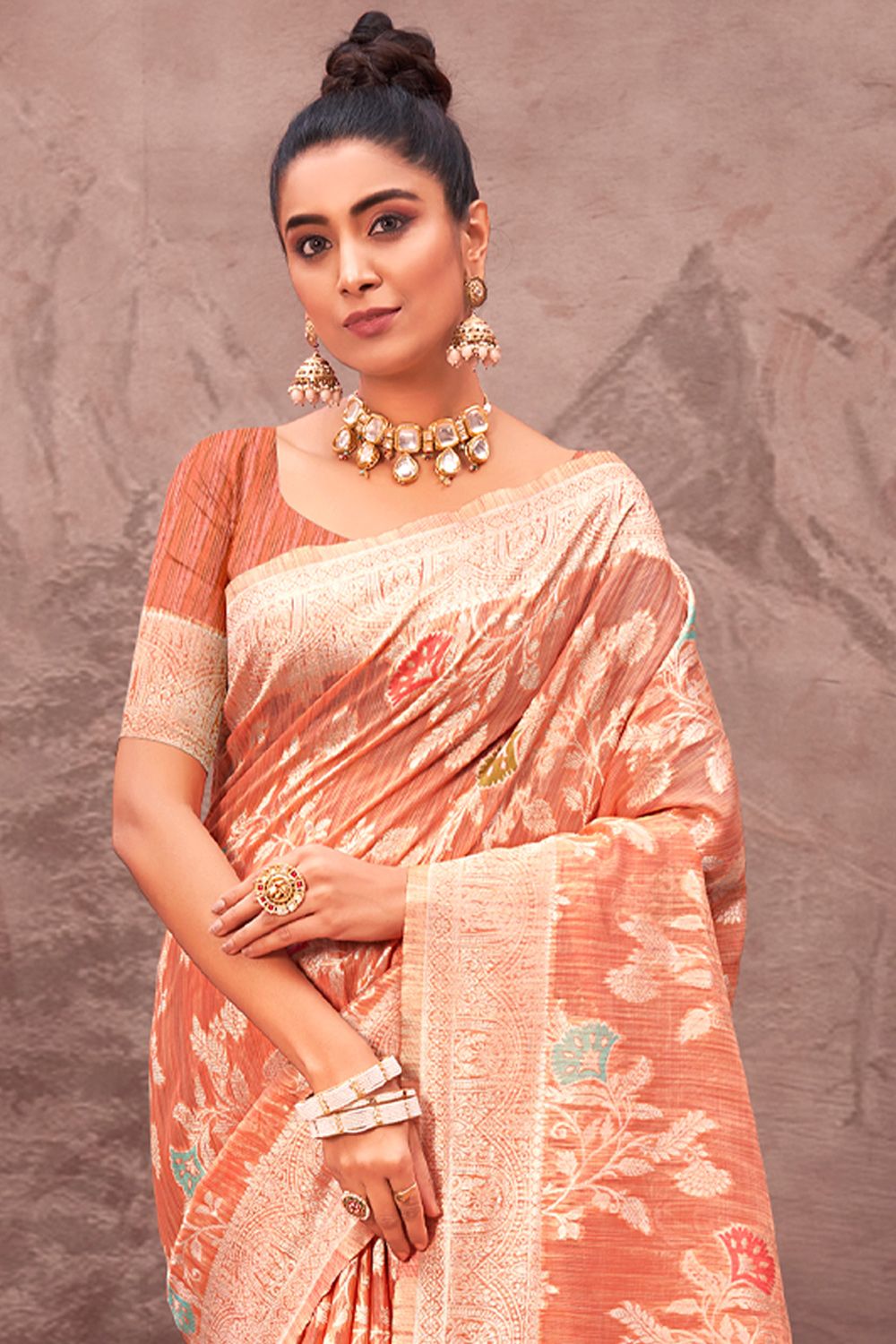 Women's Peach Cotton Silk Woven Zari Work Traditional Saree - Sangam Prints