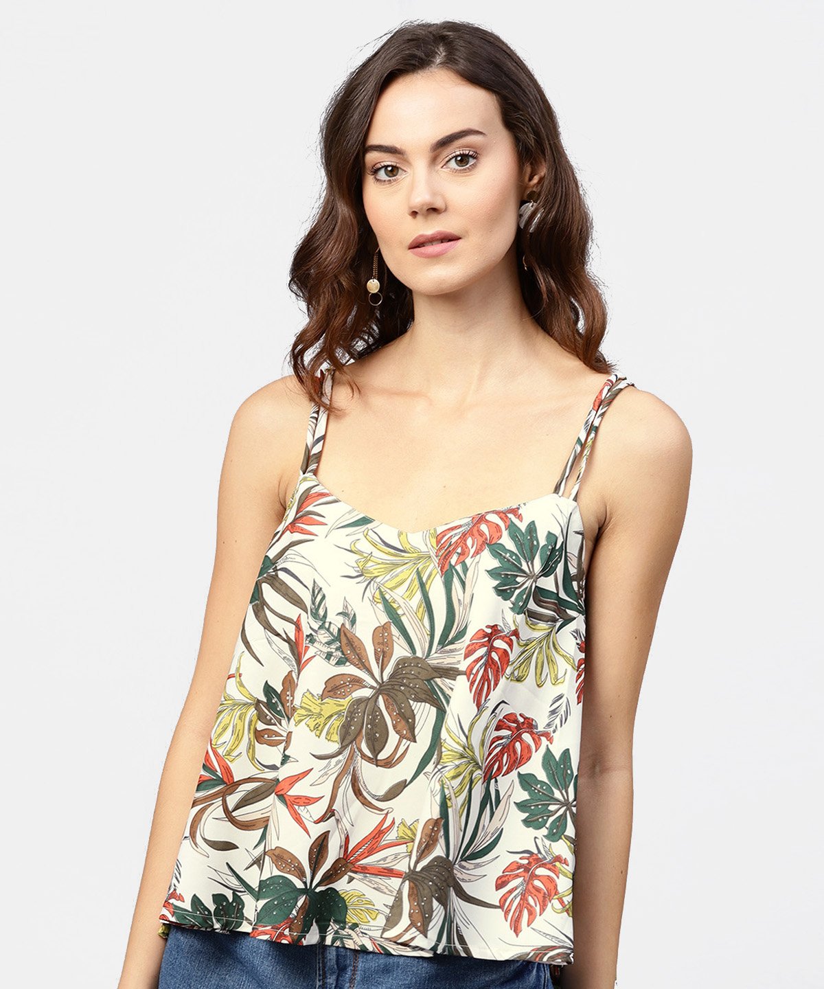 Women's Off White Printed Shoulder Straps Crepe Top - Nayo Clothing
