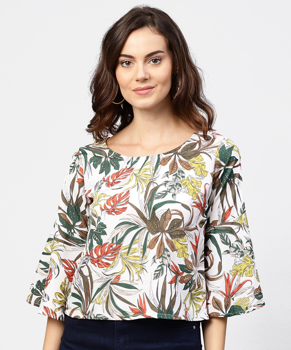 Women's Off White Printed 3/4Th Flared Sleeve Crepe Top - Nayo Clothing