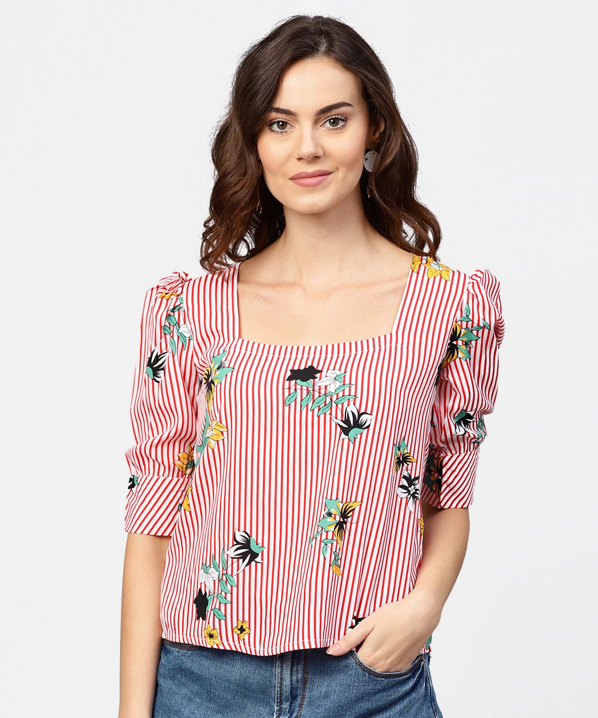 Women's Pink Striped Half Cuff Style Sleeve Crepe Top - Nayo Clothing