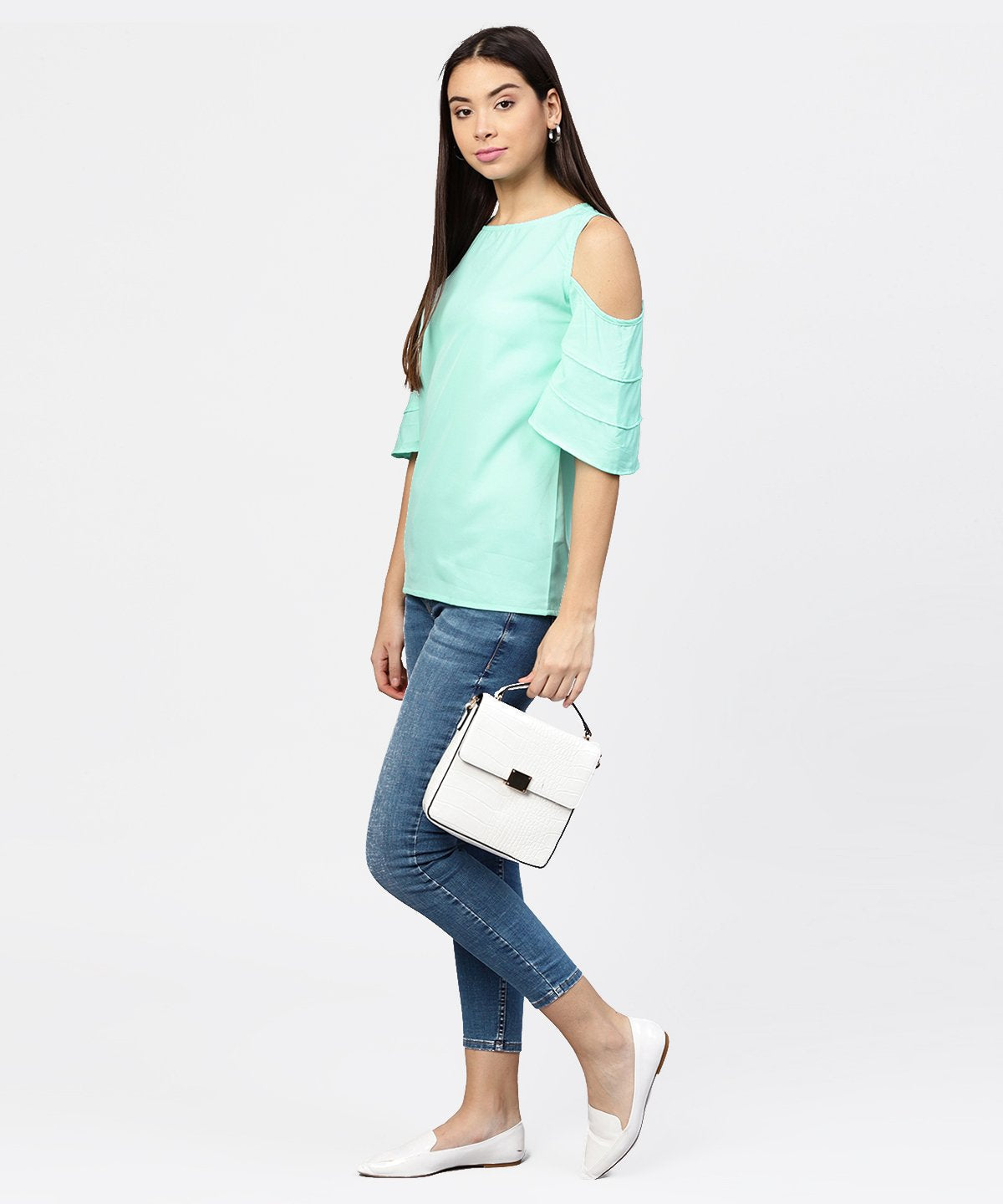 Women's Sea Green Cold Shoulder Layered Sleeve Crepe Top - Nayo Clothing