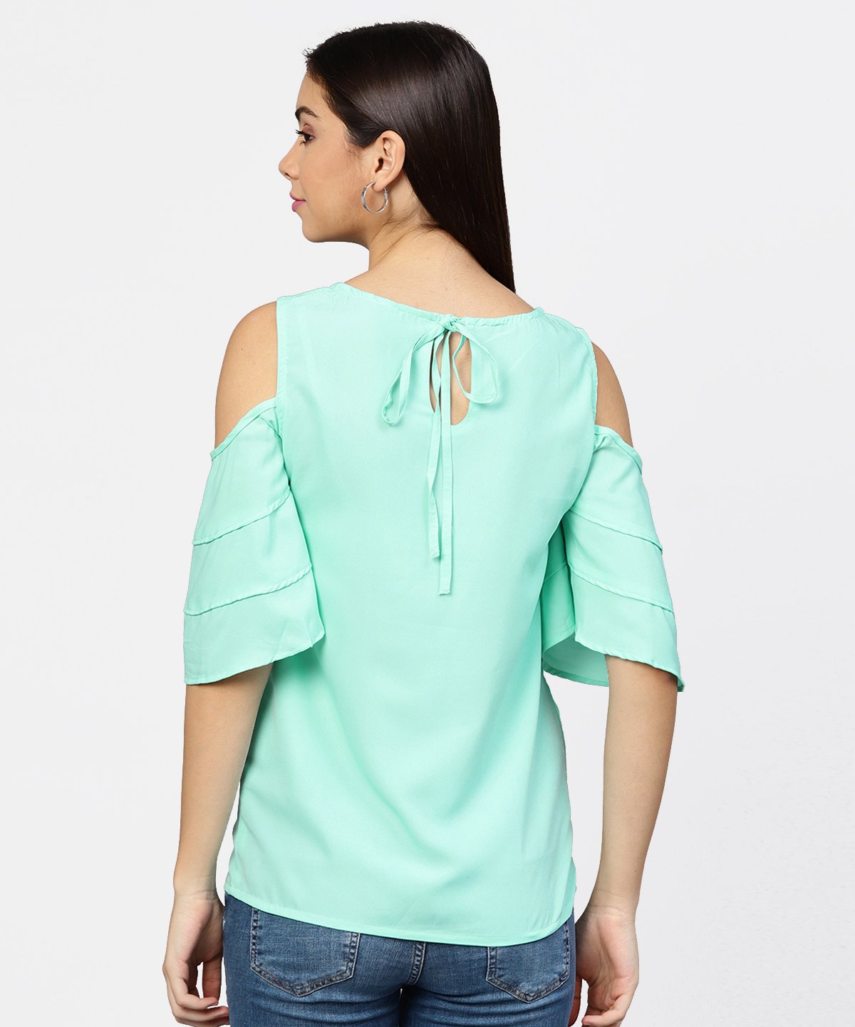 Women's Sea Green Cold Shoulder Layered Sleeve Crepe Top - Nayo Clothing