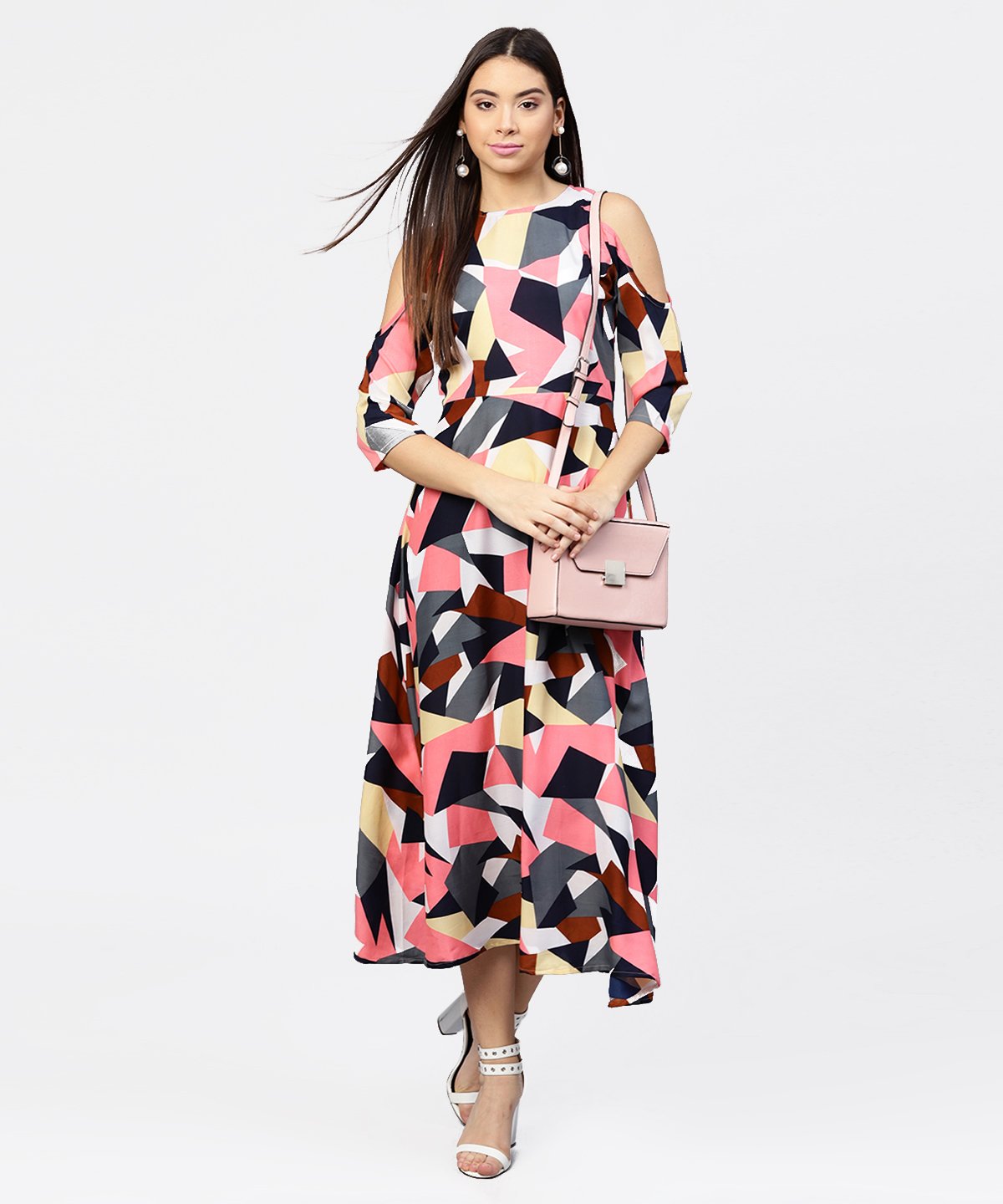 Women's Multi Printed 3/4Th Cold Shoulder Sleeve A-Line Maxi Dress - Nayo Clothing