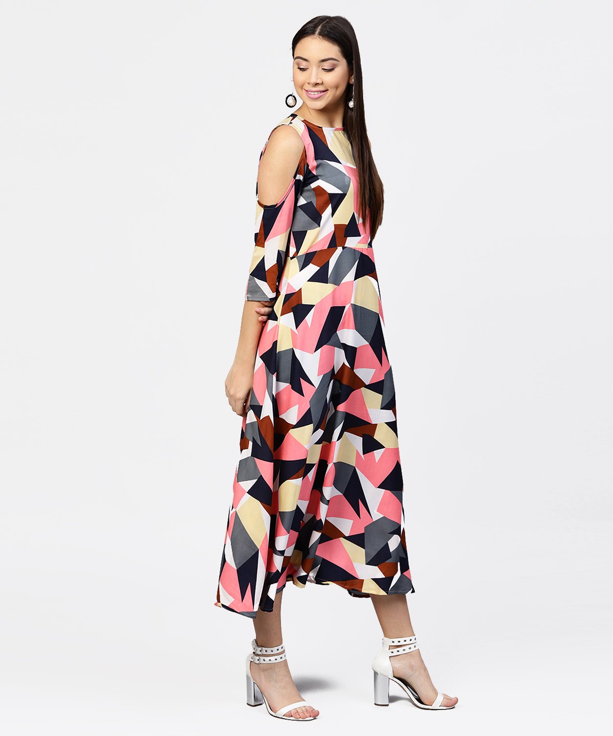 Women's Multi Printed 3/4Th Cold Shoulder Sleeve A-Line Maxi Dress - Nayo Clothing