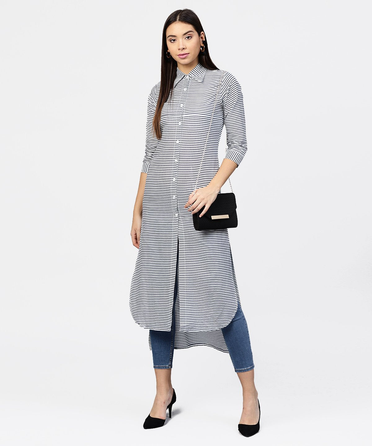 Women's Blue Striped 3/4Th Sleeve Cotton Tunic - Nayo Clothing