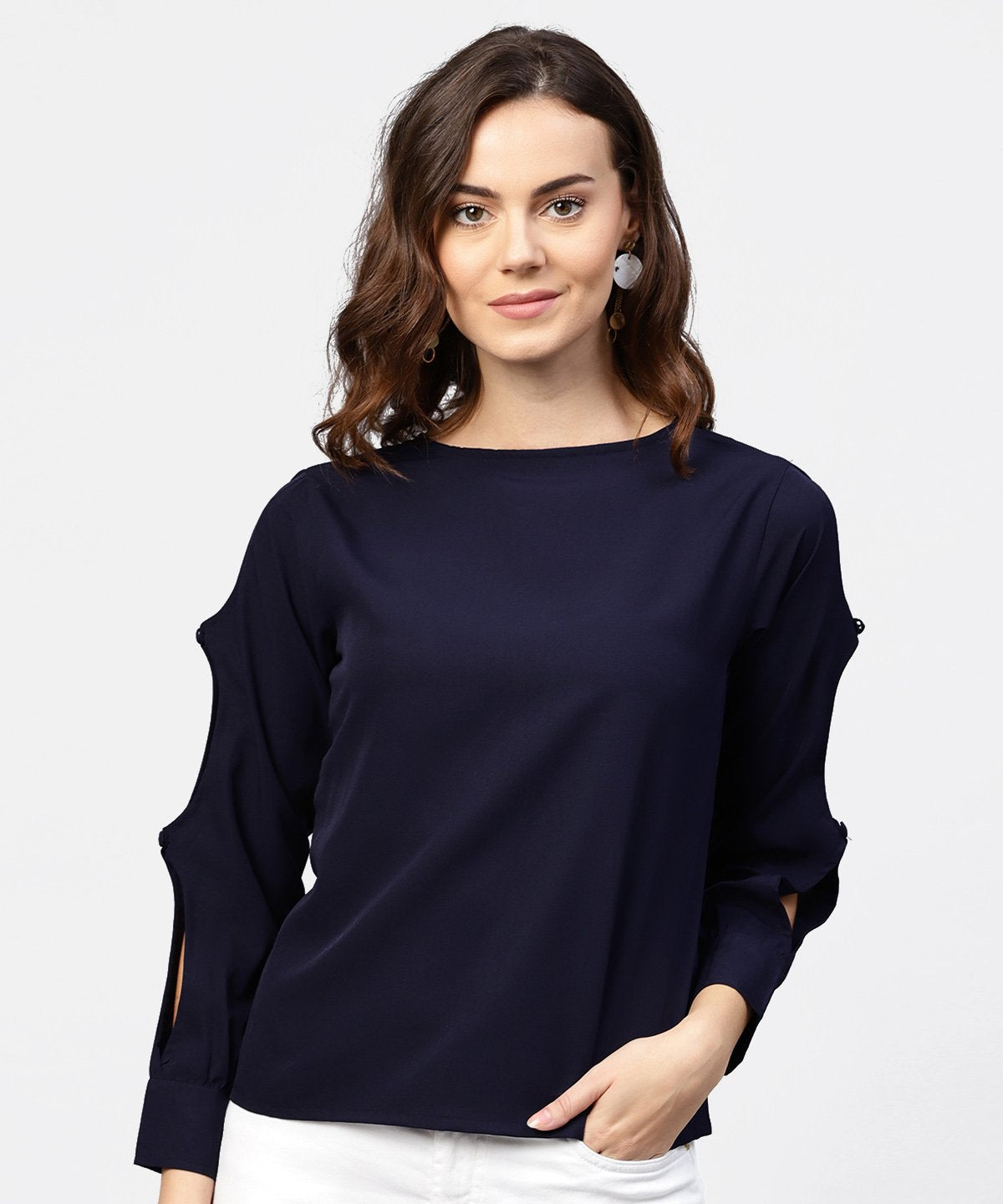 Women's Blue Full Sleeve Crepe Top With Gathered - Nayo Clothing