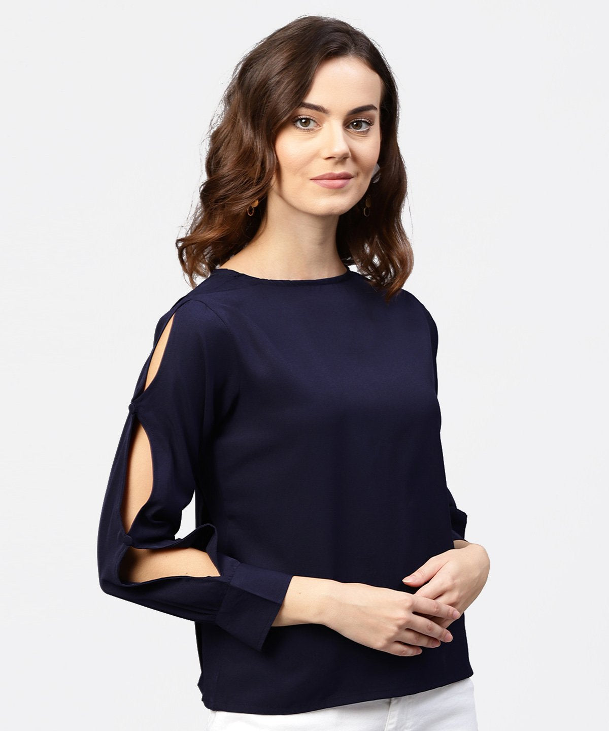 Women's Blue Full Sleeve Crepe Top With Gathered - Nayo Clothing