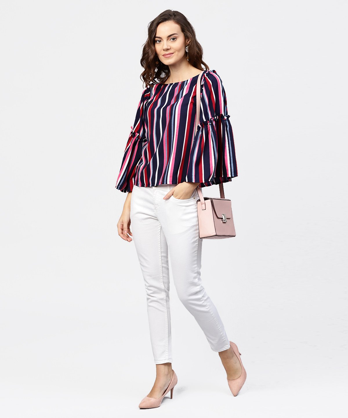 Women's Striped Multi Printed Flared Sleeves Crepe Top - Nayo Clothing