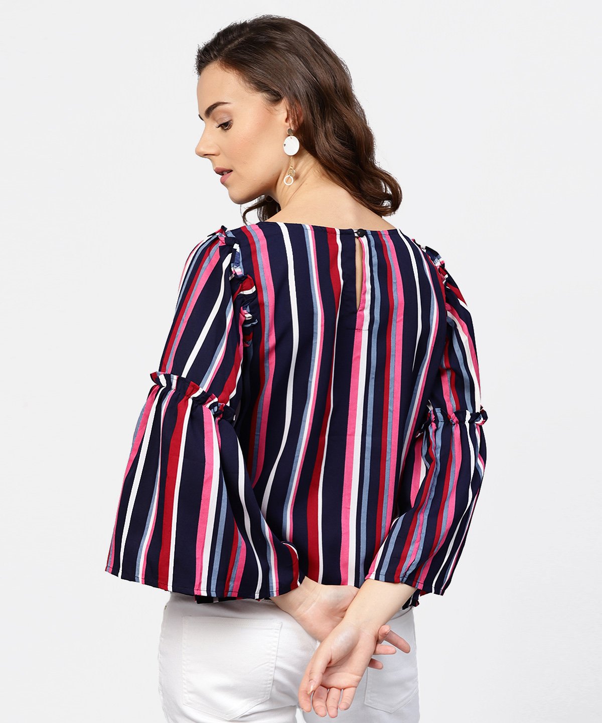 Women's Striped Multi Printed Flared Sleeves Crepe Top - Nayo Clothing