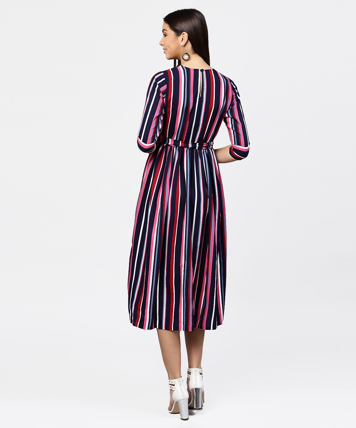 Women's Striped Printed 3/4Th Sleeve Choker Neckline Full Length Dress With Belt - Nayo Clothing