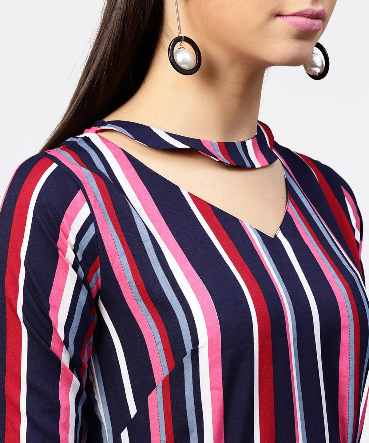 Women's Striped Printed 3/4Th Sleeve Choker Neckline Full Length Dress With Belt - Nayo Clothing